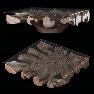 实木根雕玻璃茶几